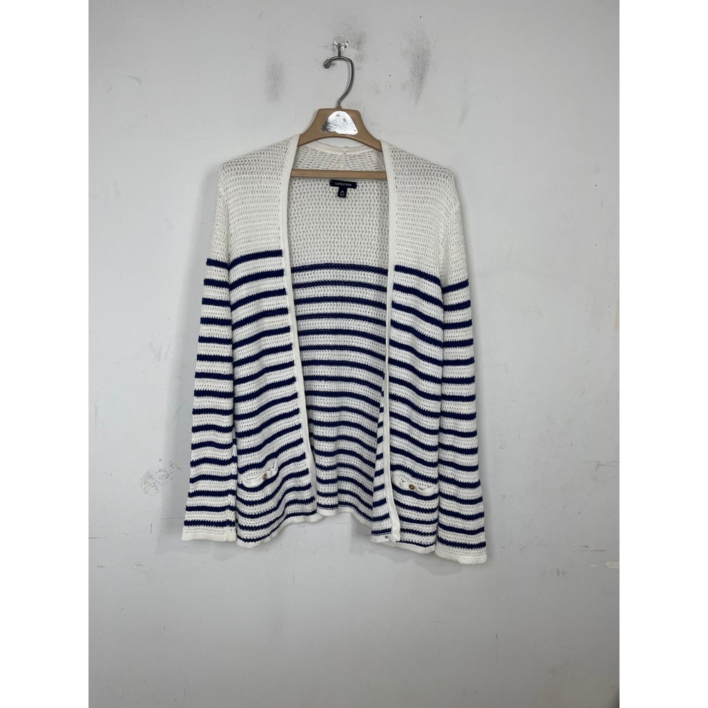 Lands End Womens Medium White Navy Blue Striped‎ Linen Cotton Cardigan Sweater